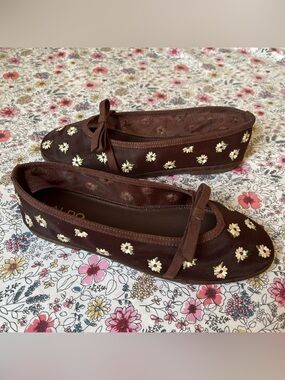 ALDO Brown Floral Embroidered Bow Ballet Flats